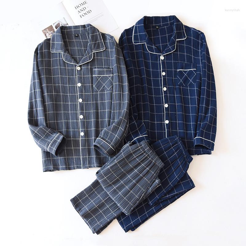 

Men's Sleepwear Sleep Wear Men Pijamas Spring /Summer Home Service Crepe Suit Plaid Long Trousers Breathable Sweat-absorbent Leisure Pyjamas, Navy blue