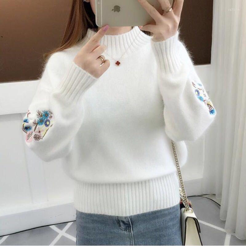 

Women's Sweaters Woman Chandails Women's Cored Yarn Turtleneck Sweater Autumn Short Embroidery Long Sleeve Pullover, Yellow