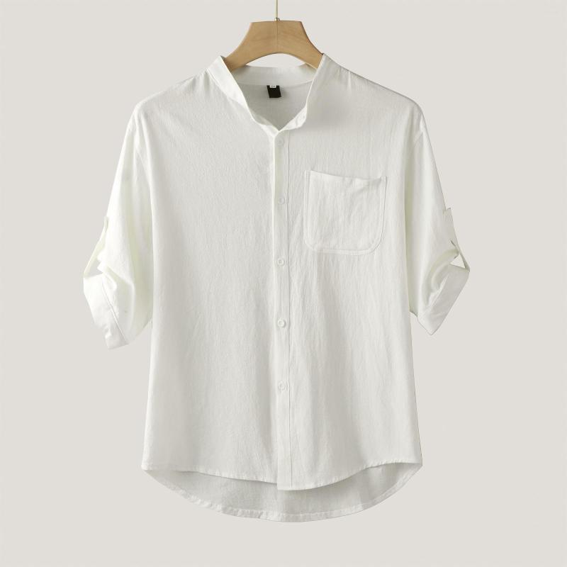 

Men's Casual Shirts Cotton Linen Men Pure Color Half Sleeve Summer For Blouse Top With Pocket Camisas De Hombre, Black