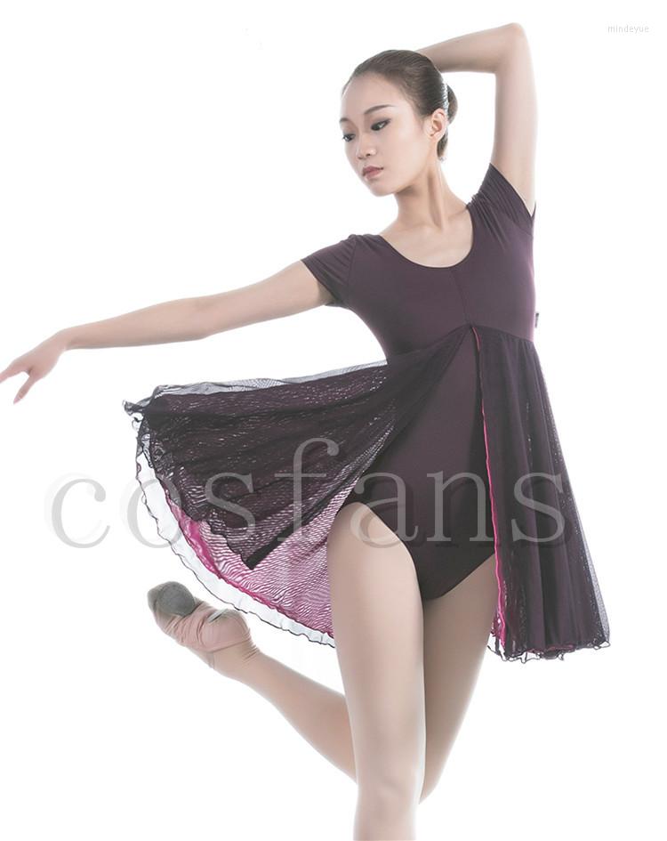 

Stage Wear Dance Ballet Dress Short Sleeve Leotards Woman Gymnastics Mesh Dancing Clothes Adult Contemporary Training Performance, As shown