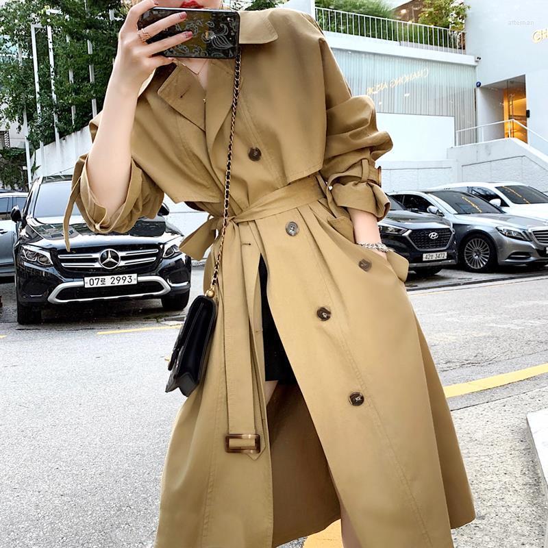 

Women's Trench Coats 2022 Fashion Women Autumn Spring Long Double-Breasted Belt Coat Lady Khaki Outerwear Solid Color ClothesS113