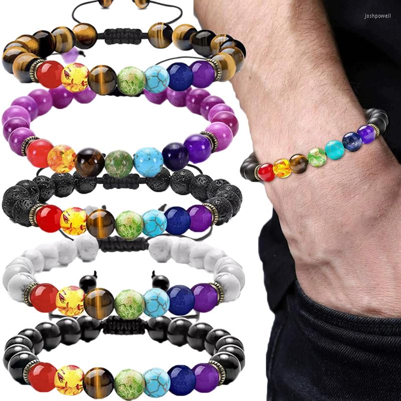 

Strand 7 Chakras Natural Volcanic Rock Stone Bracelets For Women Men Reiki Healing Beads Bracelet Black Lava Hand Woven Buddha Bangles