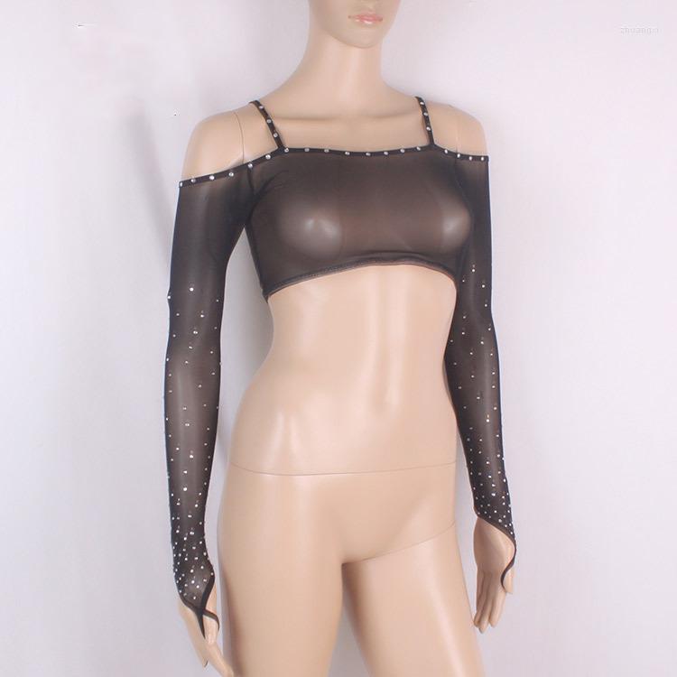 

Stage Wear Women Sequin Rhinestone Tulle Mesh Lace Shrug Long Sleeve Sparkly Belly Dance Crop Top With Diamond