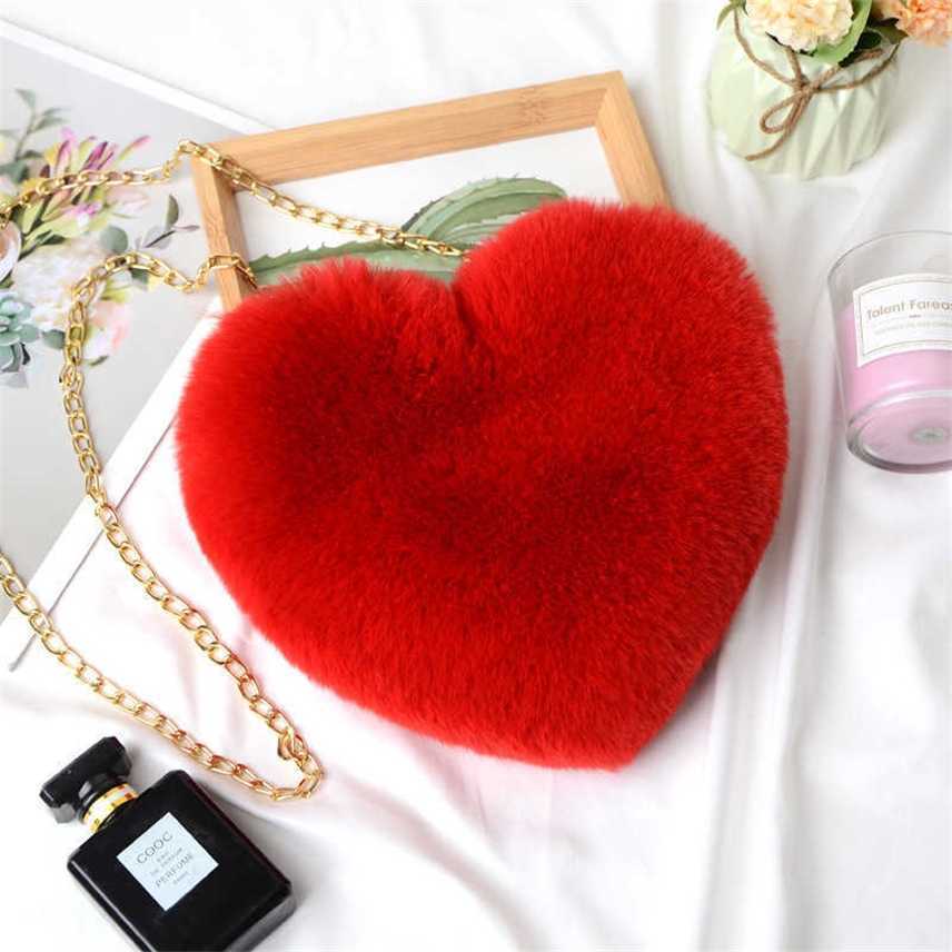 

peach heart bag rabbit hair cute love bag women's handbag heart-shaped Plush bag women, Red