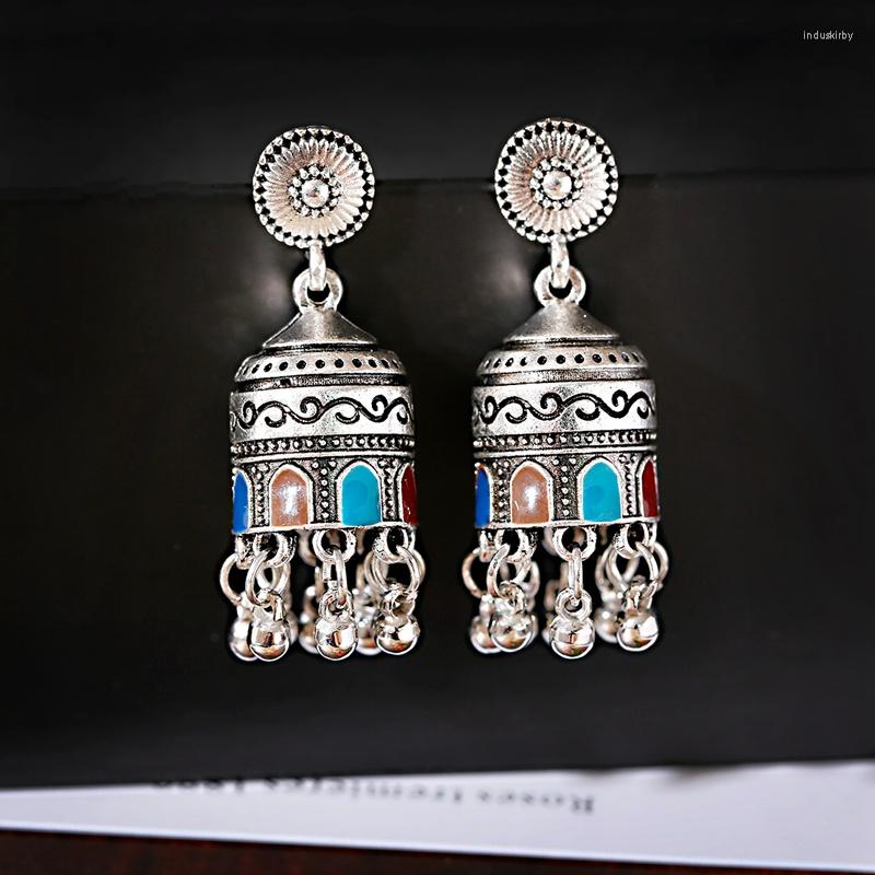 

Dangle Earrings Ethnic Silver Color Carved Alloy For Women Drip Oil Jewelry Gypsy Boho Tribe Bell Jhumka