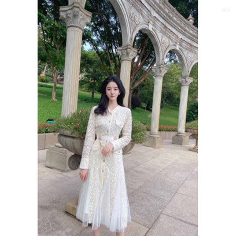 

Casual Dresses Fashion Vintage Lace Fishtail Dress Women V-Neck Long Sleeve High Waist Party Female Clothing, Beige