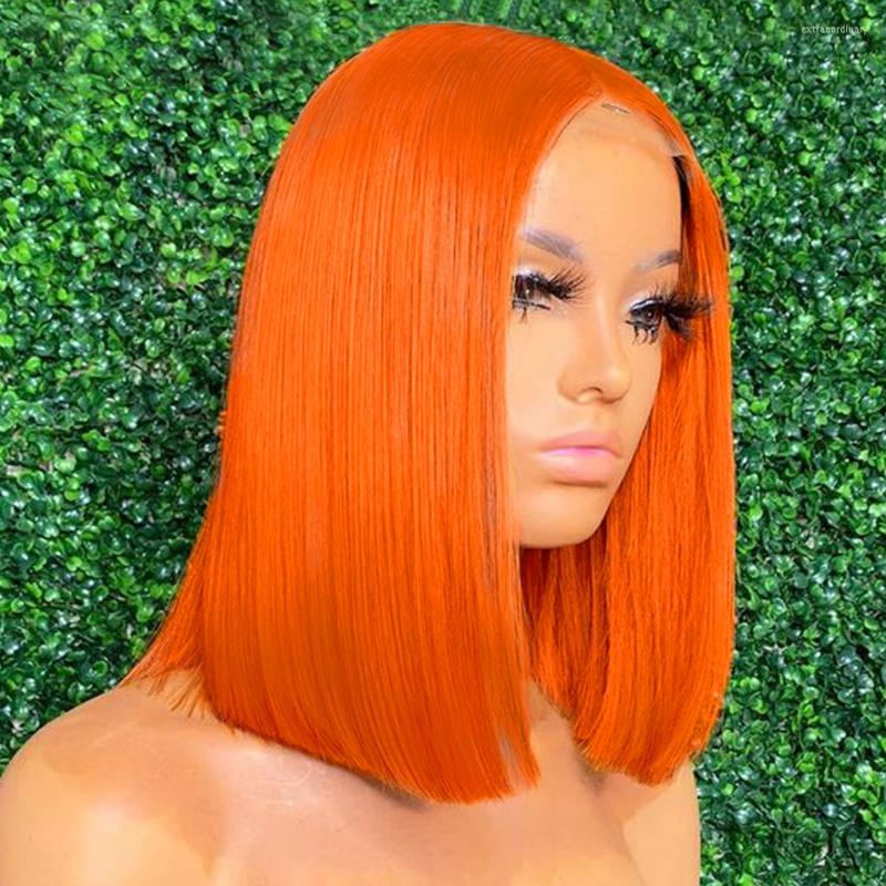 

Orange Ginger Straight Bob Wig 13x6x1 Transparent Lace Front Human Hair Wigs For Women Highlight, Picture shown