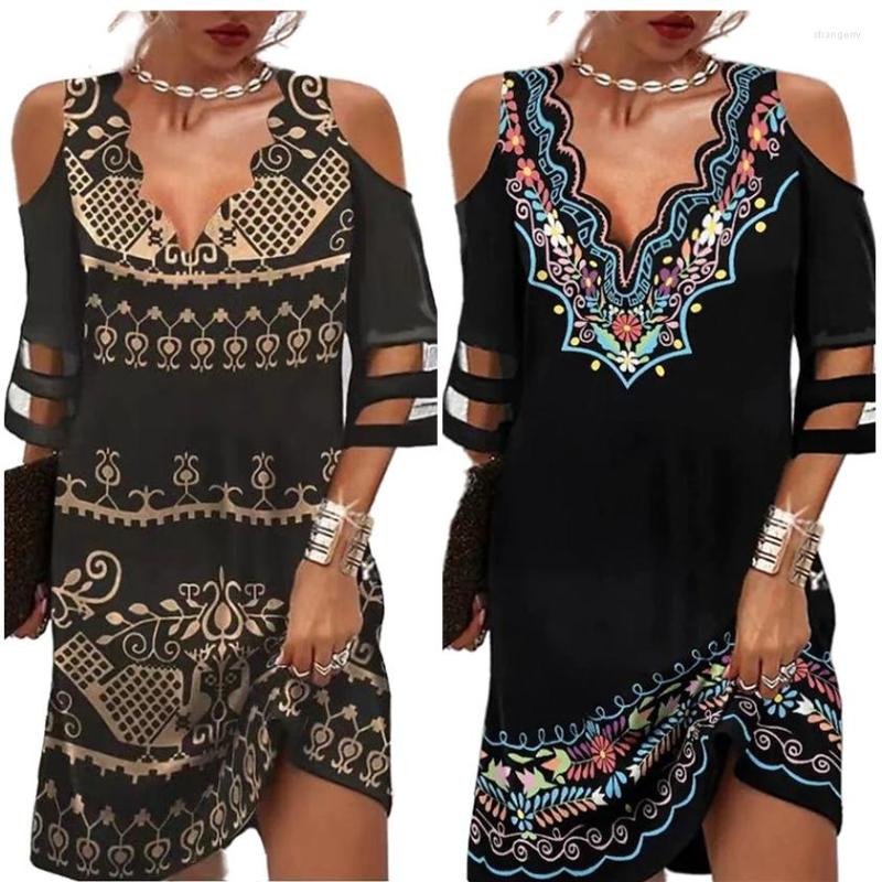 

Party Dresses 2022 Autumn Summer Women' Clothing Printed Elegant Mesh Stitching Casual Dress Fashion Wavy V Neck Off Shoulder, Black