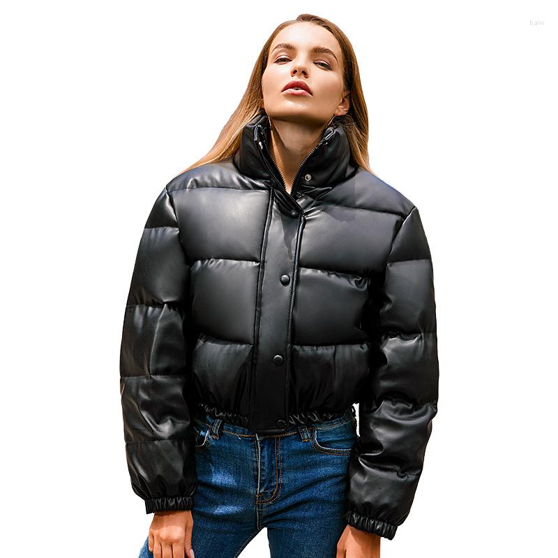 

Women' Trench Coats 2022 Autumn Winter Stand-up Collar Short Warm Bread Cotton-padded Jacket Fashion Shiny Leather Bubble Women Streetwear, Black