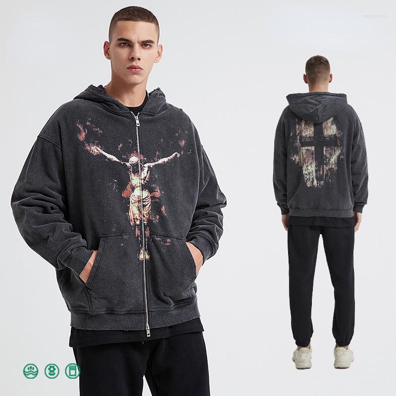 

Men's Hoodies ACTIONTUBE HIGH STREET CROSS WEIGHS 420GRAM BATIK ZIPPER COAT DIGITAL PRINT HOODED SWEATSHIRT MEN, Black