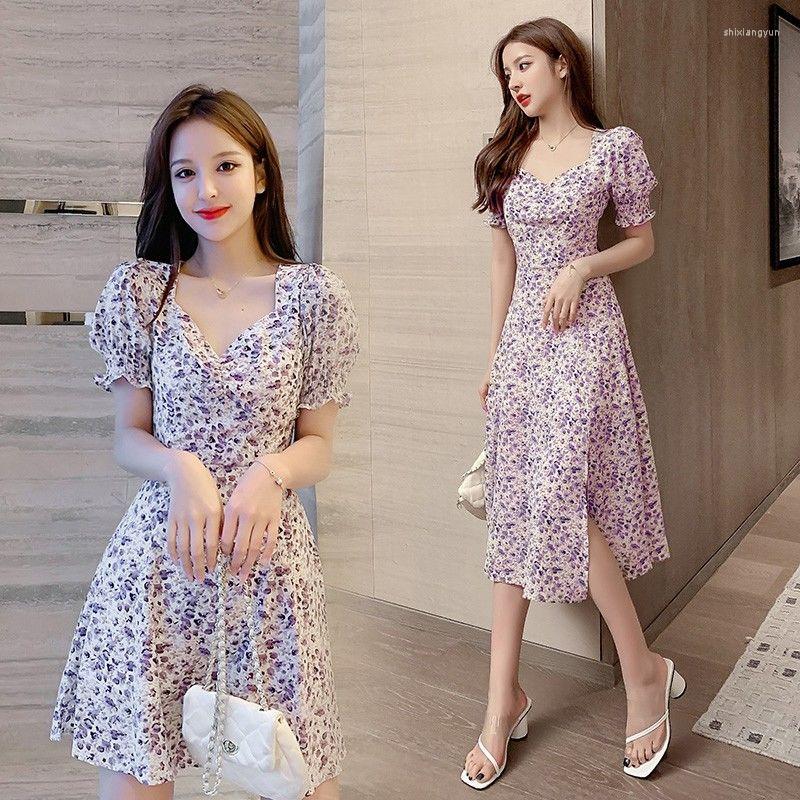 

Casual Dresses Women Purple Dress Summer Women' Square Collar Puff Sleeve Vestido De Mujer Femme Robe