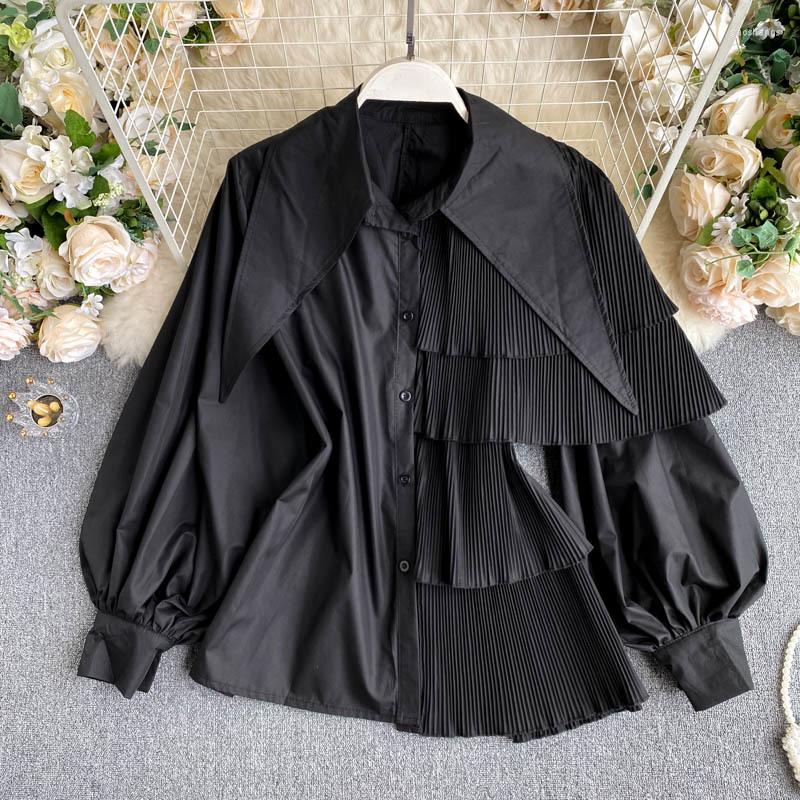 

Women's Blouses Women Korean Candy Colors Shirt Fried Street Autumn Shirts Irregular Puff Sleeve Pleated Ruffle Top Female Blusa, Green