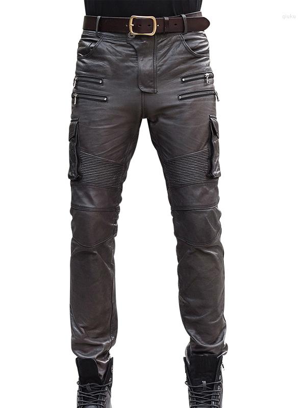 

Men's Pants Autumn Winter Sheepskin Real Mens Leather Pencil Multi Pocket Tactical Motorcycle Slim Fit Long Trousers, Black