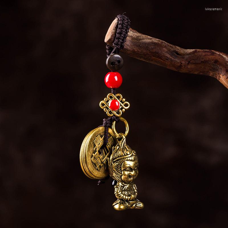 

Keychains Antique Brass Buddha Figure Keychain Pendant Feng Shui Lucky Hanging Jewelry Ancient Emperors Coins