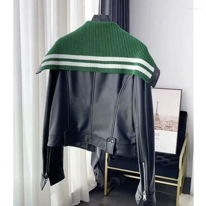 

Women' Jackets 2022 Spring Autumn Leather Jacket For Women' Super Good-looking Knitted Spliced Coat Zipper Outfit Loose Motorcycle, Black