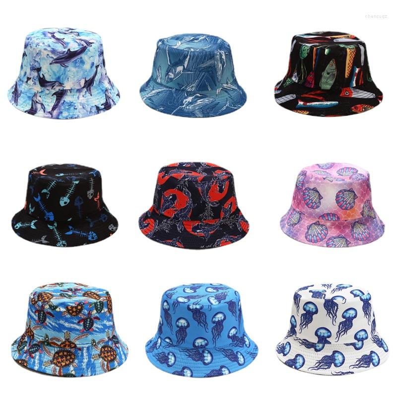 

Berets Reversible Women Bucket Hats Sea Animal Print Outdoor Sunshine Female Fisherman Cap Cotton Anti-sun Panama Ladies Hat Beach, 16