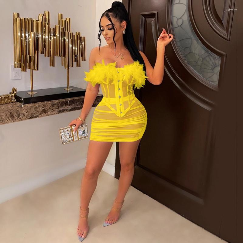 

Work Dresses Sheer Mesh See Through 2 Piece Skirt Sets Women Strapless Feather Spliced Backless Crap Top And Ruched Skinny Nightclub, Black