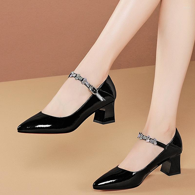

Dress Shoes High Quality Genuine Leather Square Heels Party Women Brand Med Wedding Ladies Size 34-42, Black