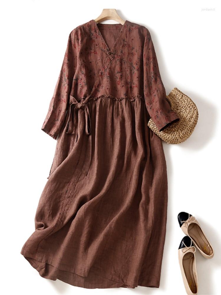 

Casual Dresses 2022 Autumn Women Dress V Neck Cotton Linen Floral Long Sleeve Loose Retro Fashion A Line Lace Up Robe Female YoYiKamomo, Multi