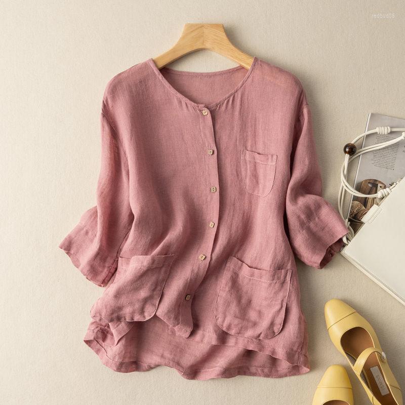 

Women's Blouses Three Quarter Linen Shirt Women Harajuku Casual Retro Loose Button Up Shirts Summer Fall Korean Lady Solid Fashion Tops, Orange