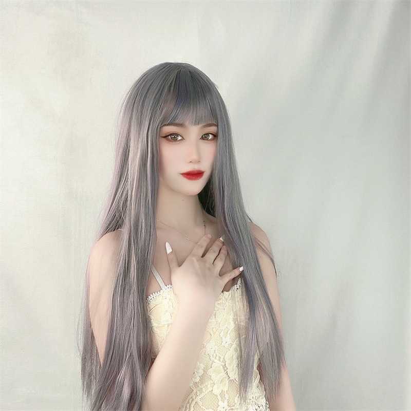 

Hair Lace Wigs Net Red Live Broadcast Female Japan and South Korea Air Bangs Long Straight Hair Chemical Fiber Headgear s Color Wig, Purple