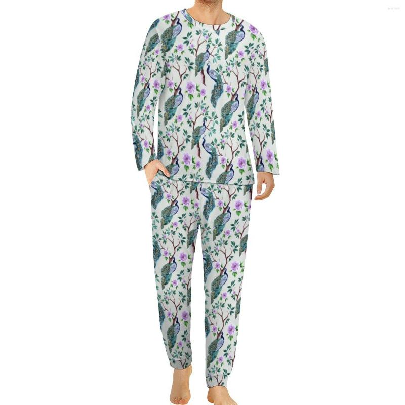 

Men' Sleepwear Vintage Birds Pajamas Autumn Peacock In Flowering Tree Home Suit 2 Pieces Design Long Sleeve Kawaii Oversized Pajama Sets, Style-15