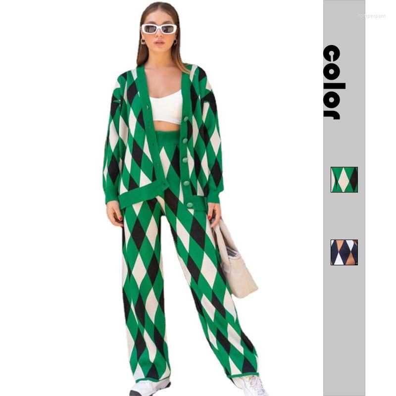 

Women' Two Piece Pants Geometric Rhombus Knit Cardigan Suit Ladies Autumn/Winter 2022 Single Breasted Loose Casual Sweater Set, Green