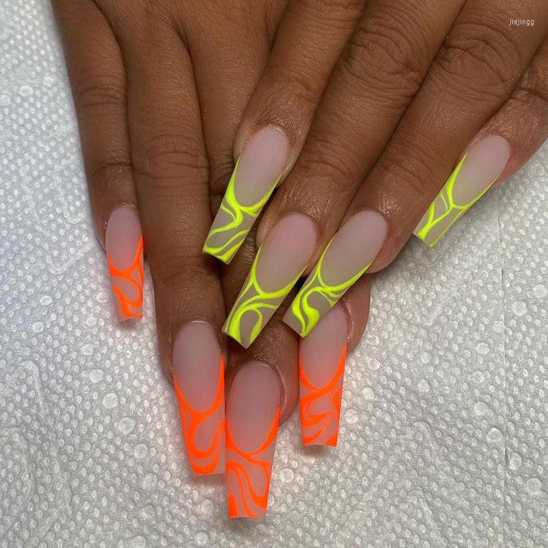 

False Nails 24pcs Fluorescence Pattern Nail Patch Glue Type Removable Long Paragraph Manicure Save Time Art