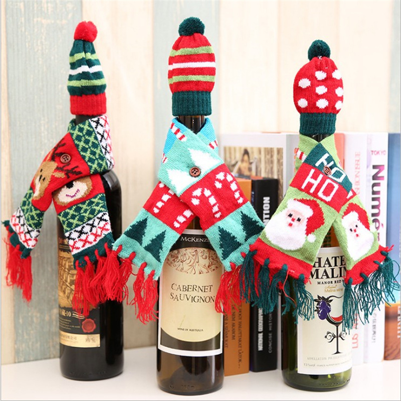 

10sets/Bag Christmas Wine Hat Scarf Tie Wine Bottle Cover for Home Dinner New Santa Claus Gift Kitchen Table Cup Decor, Pure red