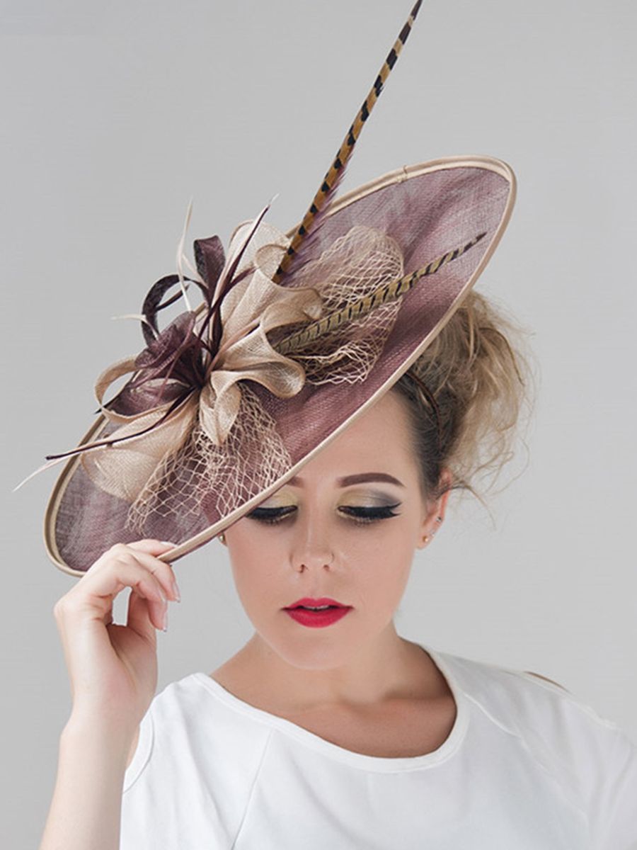 

Berets Ladies Fascinators Hat Party Wedding Sinamay Hat Wide Brim Fedora Headpiece Hair Accessories 221107, Beige black