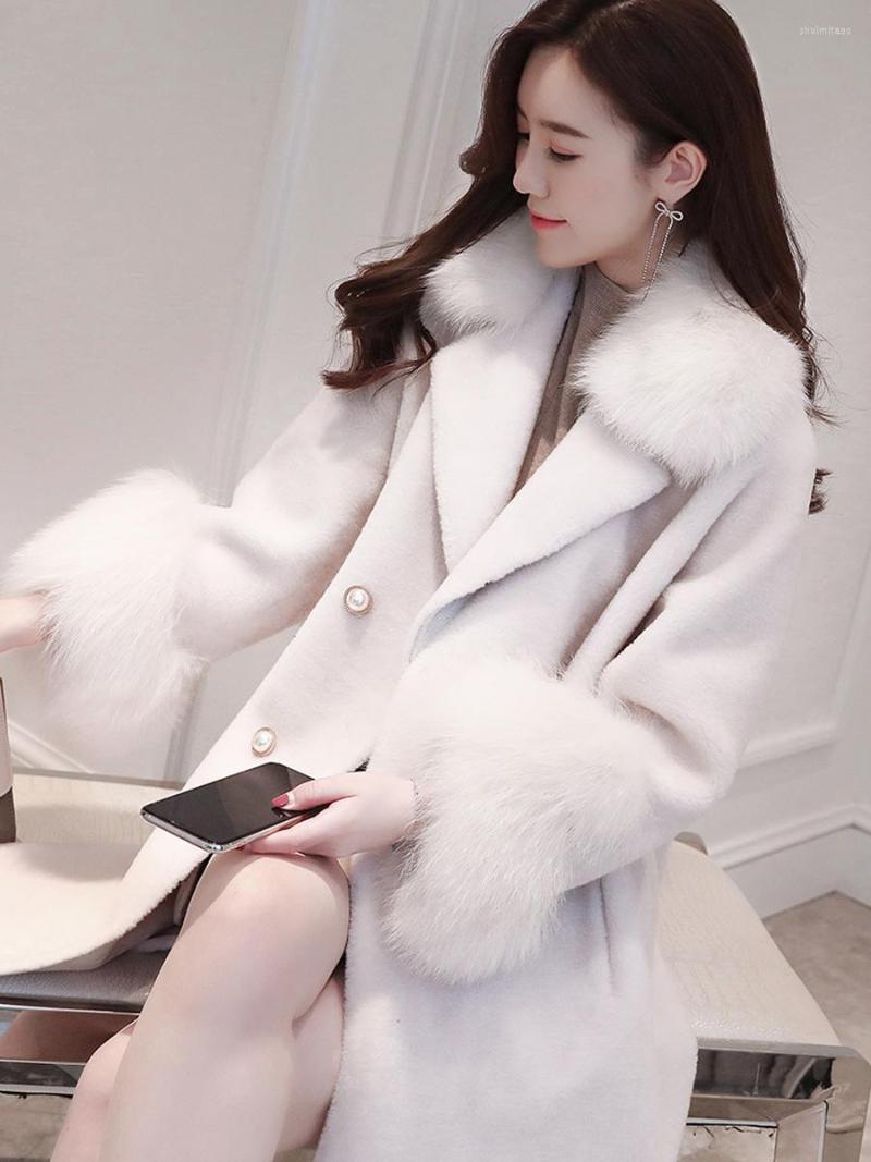 

Women's Fur Lamb Wool Coat Female Winter Middle Long Full Grain One Sheep Sheared Collar, White 100 wool