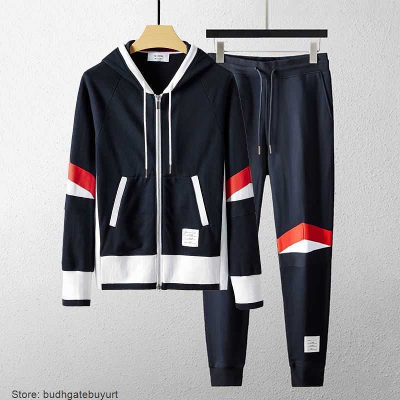 

Tb Mens Tracksuits Color Blocking Suit Sweater Sports Leisure Cardigan Hooded Suit Women's Clothing Men And Women Lovers Same Fashion Spring And Autumn, Light gray