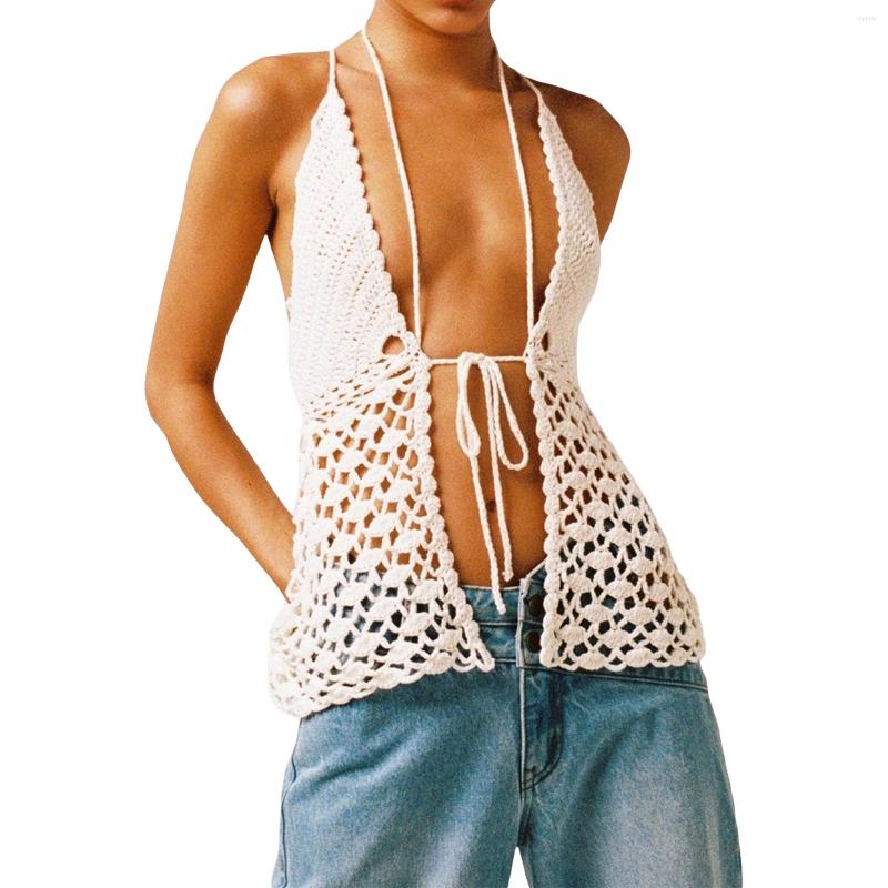

Women' Tanks Open Back Knitted Lace-Up Tank Tops Women' Summer Sexy Solid Color Sleeveless Front Hollow Out Vests Female Camisoles, Black