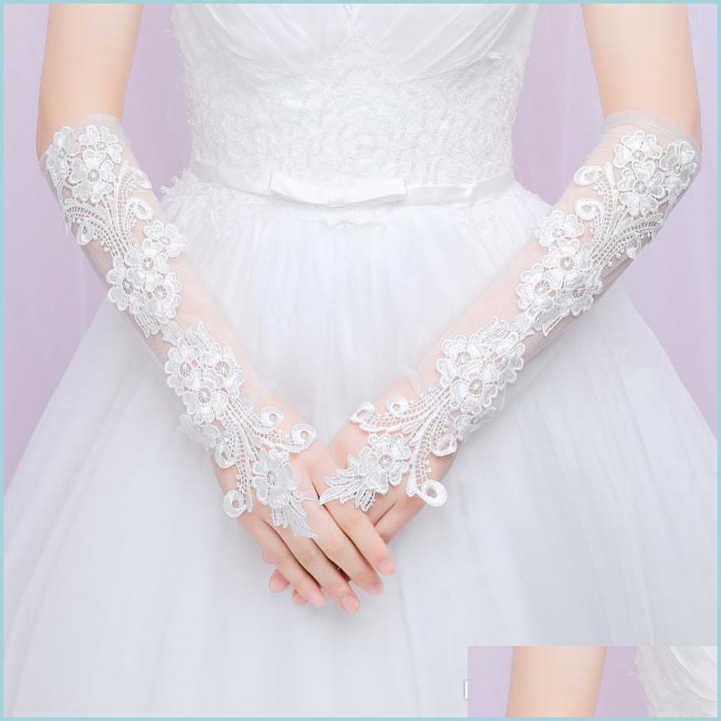 

Bridal Gloves White Bridal Gloves Below Elbow Length Wedding Women Fingerless Lace Applique Bride Glove Dress Accessories Drop Deliv Dhol7