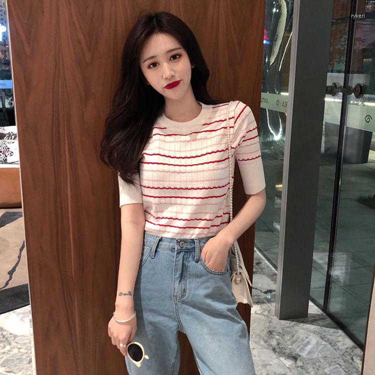 

Women's T Shirts Woman TShirts CEC Short-Sleeved Women's Summer Knitted Striped T-shirt Top Crop Mujer Camisetas, White