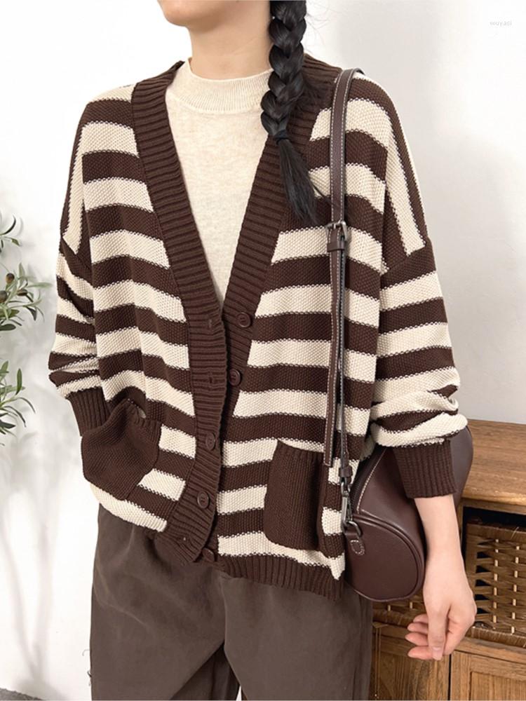 

Women's Knits Autumn Women Sweater V-neck Stripe Knitting Cardigan 2022 Contrast Color Long-sleeved Knitwear Casual Coat Female, Green