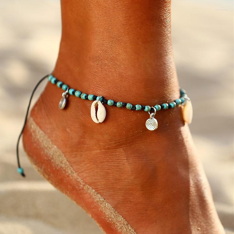 

Anklets Bohemian Spiral Turquoises Shell Women Vintage Adjustable Woven Rope Bracelet On Leg Beaded Anklet Ankle Boho Jewelry