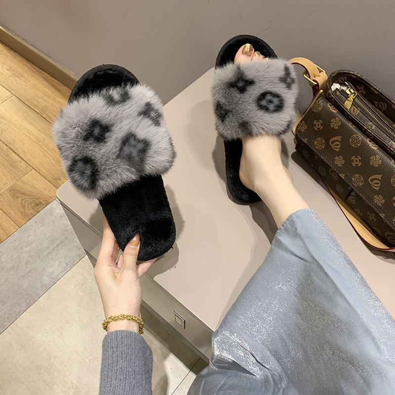 

Women's Warm Slippers Version of Printing Word Flat Bottom Casual Hairy Slipper Autumn and Winter, Aspic