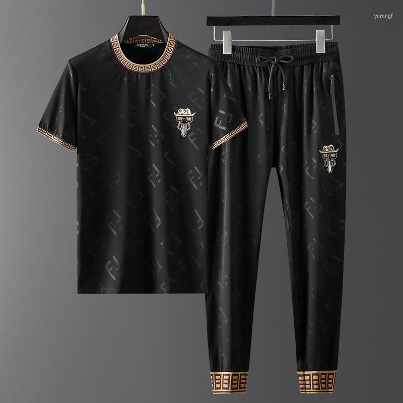 

Men's Tracksuits High Grade Men's Casual Short Sleeve Suit Loose Summer Embroidery Zhang Zi Ice Silk Dark Grain Sports Set