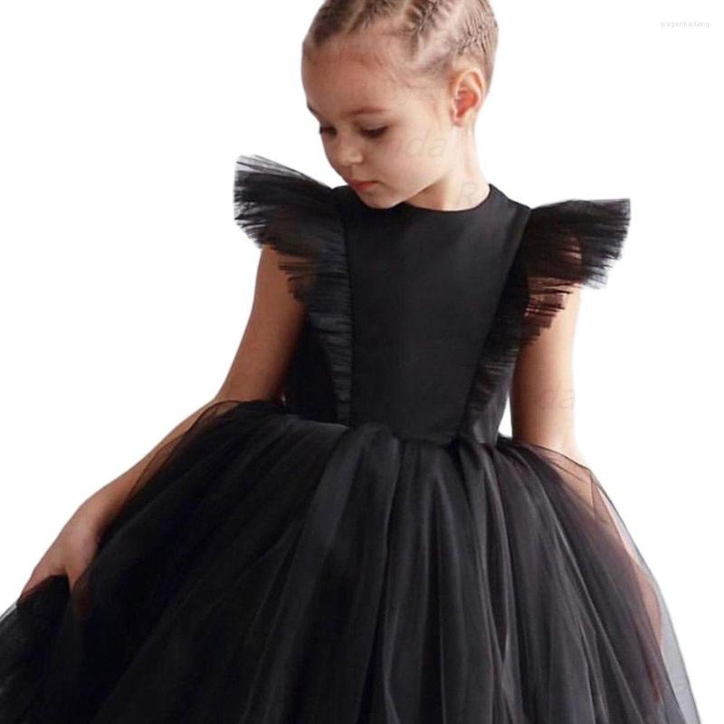 

Girl Dresses Back Flower Kids Organza Sleeves Princess Pearls Beading Communion Dress, Black