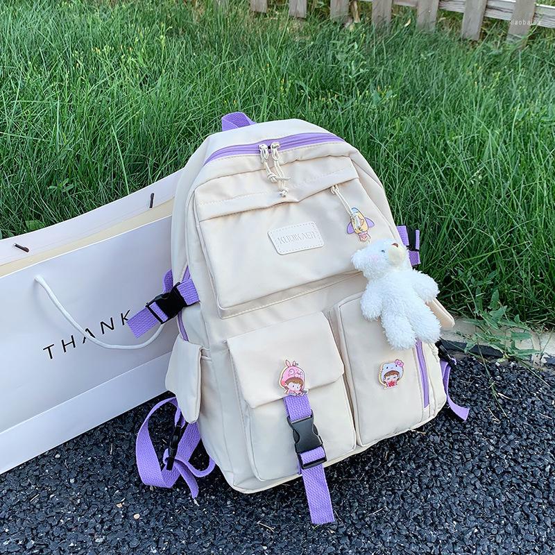 

School Bags Cute Girls Backpack For High Student Women College Students Waterproof Korean Style Bag, With bear toys
