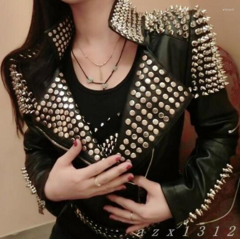 

Women's Leather Luxury Handmade Women Punk PU Metal Rivets Studded Biker Motorcycle DJ Coat Jacket Slim Fit Nightclub, Black