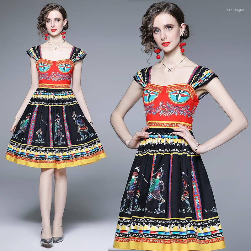 

Casual Dresses 2022 Women's Fashion Show Summer High-end Temperament Off Shoulder Strap Printed Waist Sleeveless Holiday Dress, Black