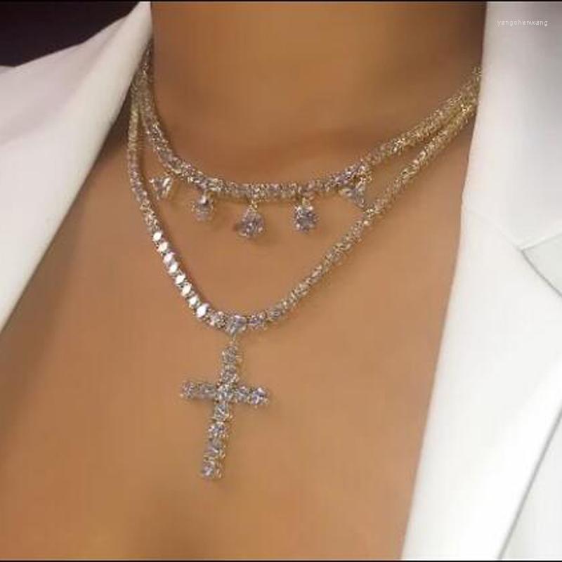 

Choker Iced Out Bling Cross Necklace 5A Cubic Zironia Paved 5mm Tennis Chain Gold Silver Color Women Men Hip Hop Jewelry