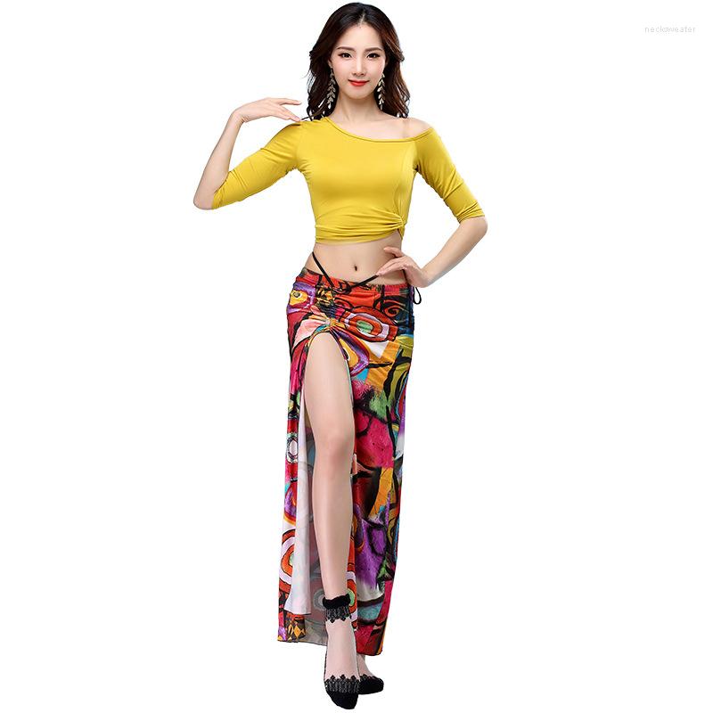 

Stage Wear Women Dance Clothing Class Ice Silk Fabric Stretchy Off-shoulder Sleeves Classic Belly Skirt Costume Set, Yellow yellow skirt