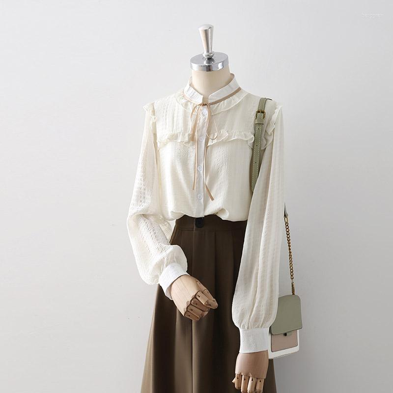 

Women' Blouses Ruffles Neck Chiffon Women Shirts Summer Design 2022 Bow Long-Sleeved Elegant Office Lady Outwear Tops, Apricot