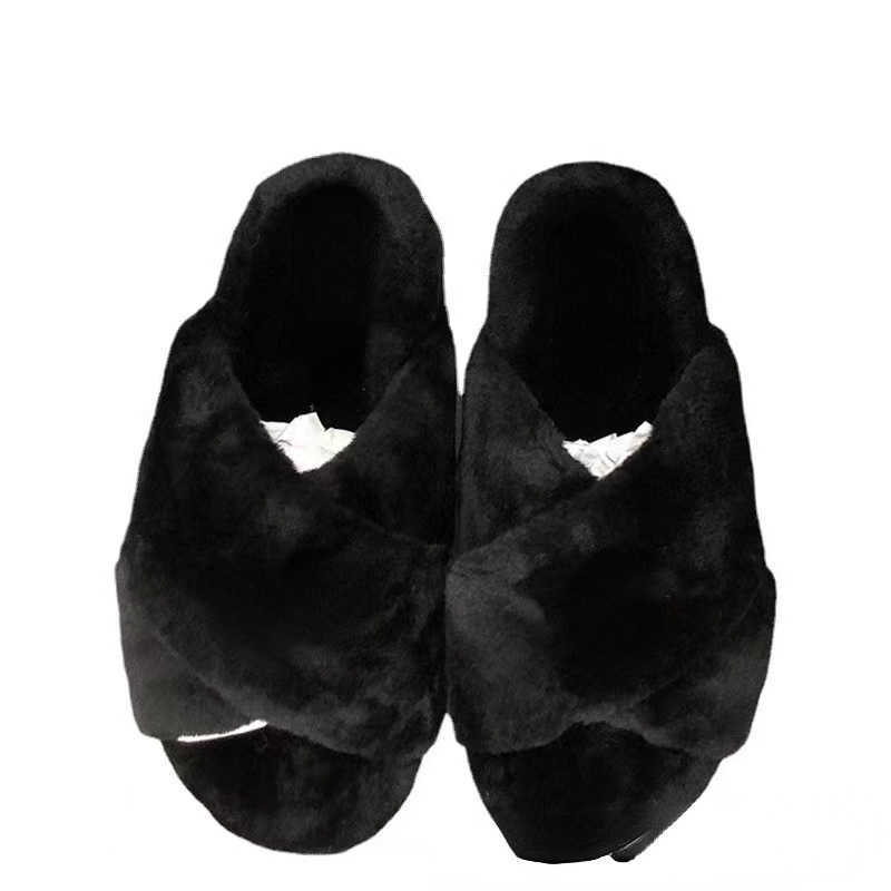 

Brand Casual Shoes plush slippers women's 2022 new line cross thick bottom Plush casual outer wearing slippers, Black