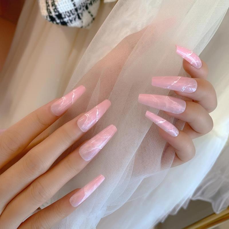 

False Nails 24Pcs Extra Long Coffin Pink Marble Press On Stiletto Fake With Designs Ballerina Full Cover Nail Tips, 01