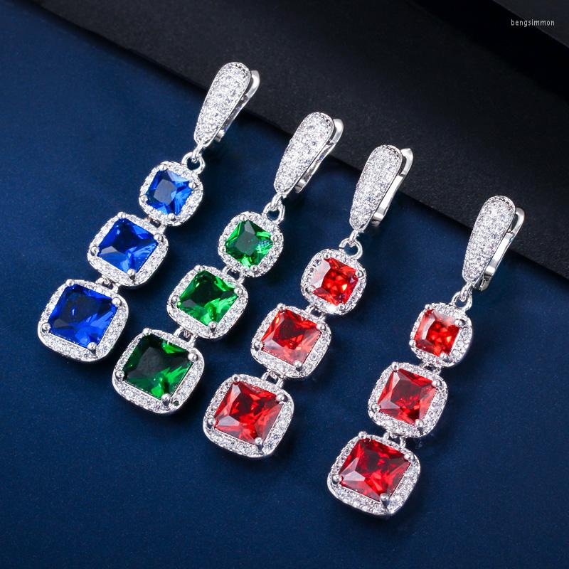 

Hoop Earrings CWWZircons High Quality Square Cut Cubic Zircon Blue Green Long Dangle Huggie Fashion Ladies Jewelry CZ639