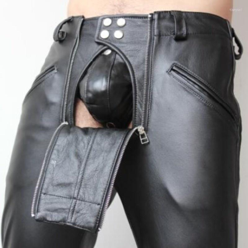 

Men's Pants Genuine Men's Winter Leather Fashion Double Zipper Sexy Cowhide Jeans Trousers 2023 Male Singer Costumes 29-39, Black